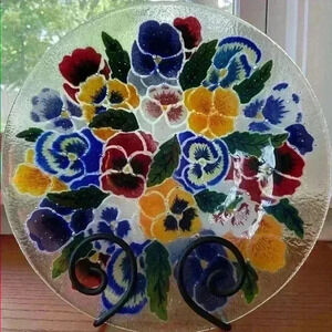 Peggy Karr Signed Pressed Glass Bowl Pansies 10.5” Round